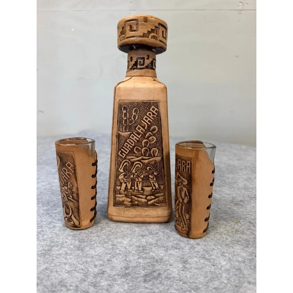 Vintage‎ Guadalajara Mexico Leather Wrapped Tequila Decanter and 2 Shot Glasses